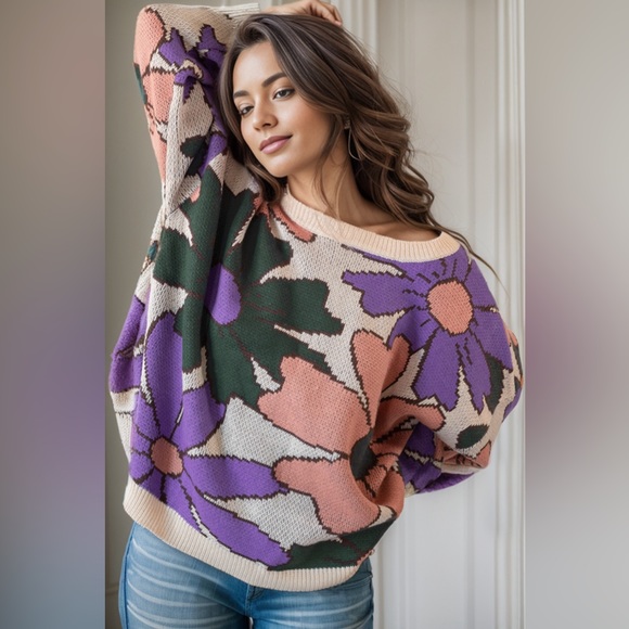 Flower Round Neck Dropped Shoulder Sweater - Picture 3 of 3